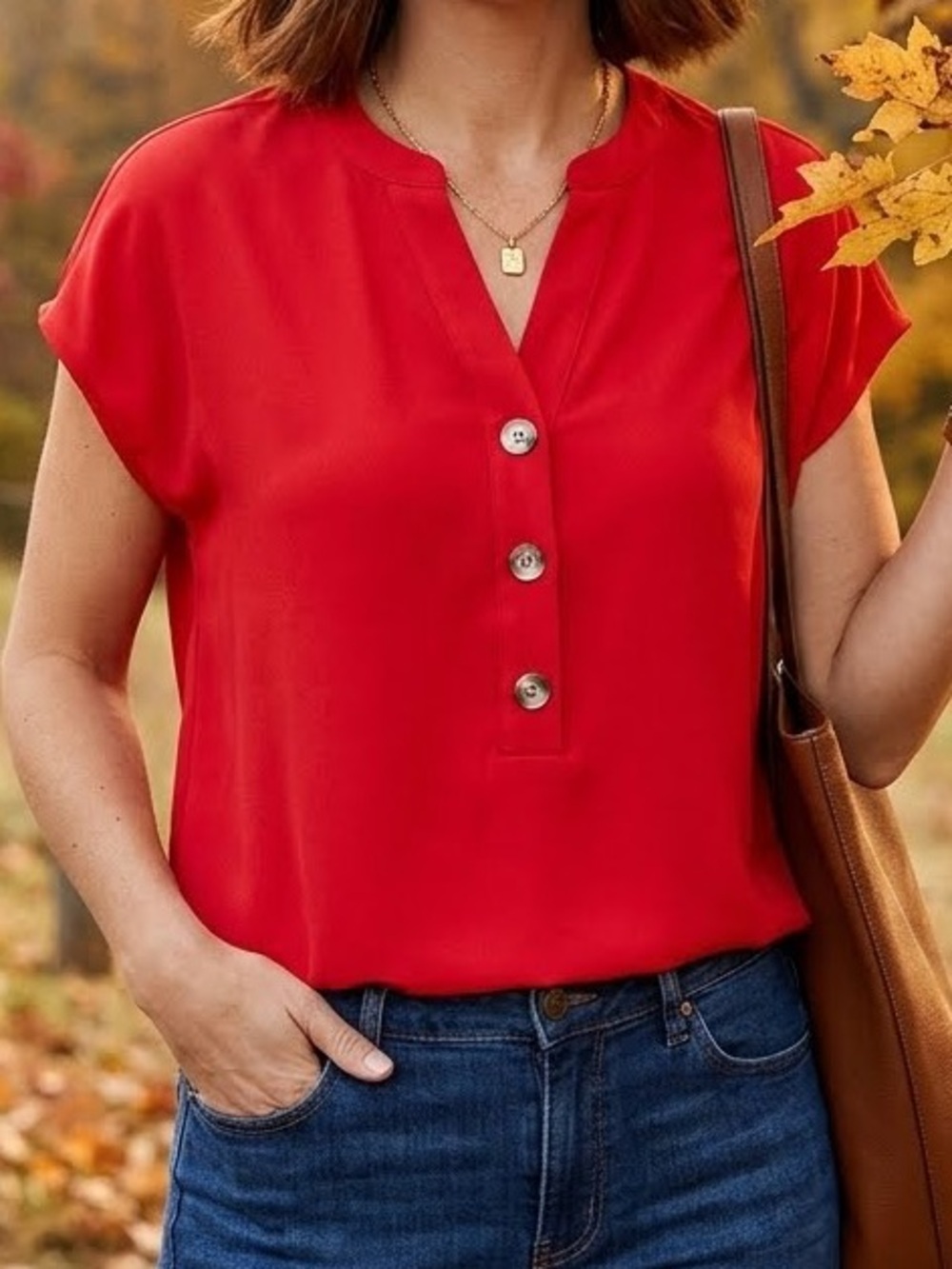 Carolina Belle Blouse Top Red V-Neck Cap Sleeve Buttons business casual medium